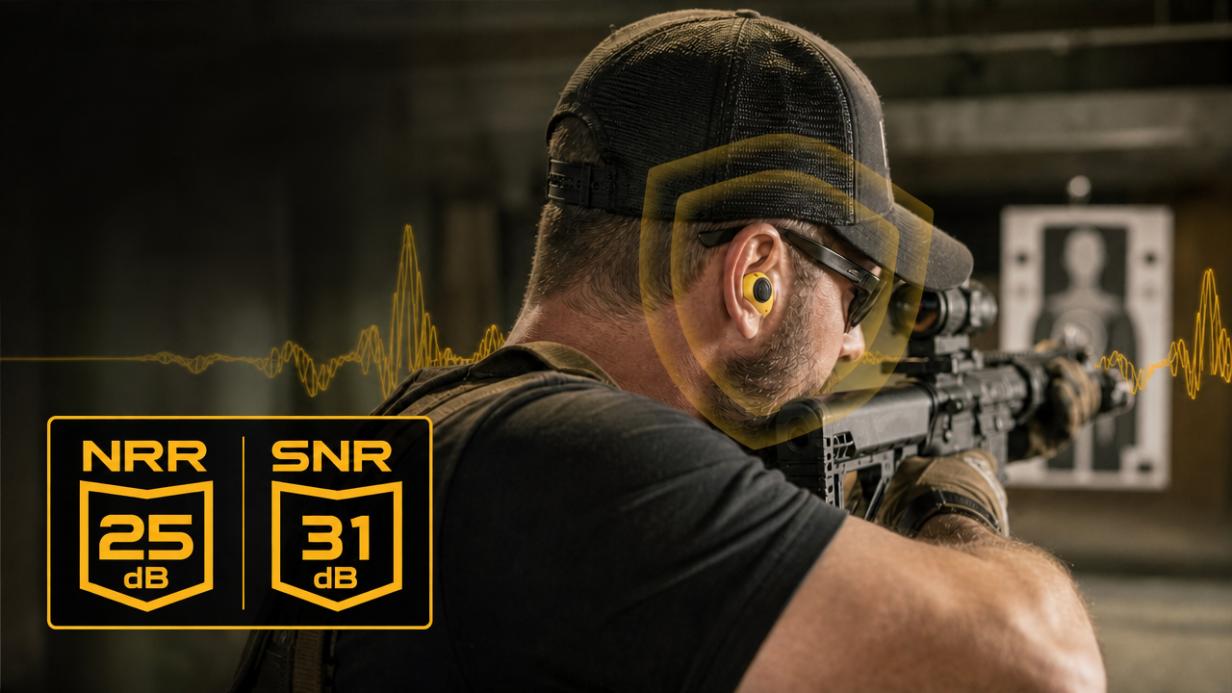NRR 25dB SNR 31dB certified hearing protection - shooter at range