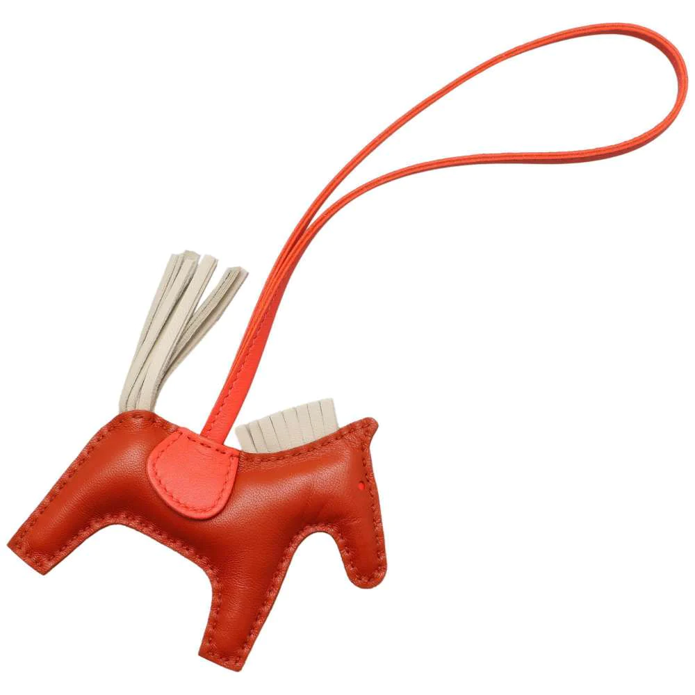 HERMES Rodeo Bag Charm Size PM Carnelian/Craie/Rose Texas Lambskin