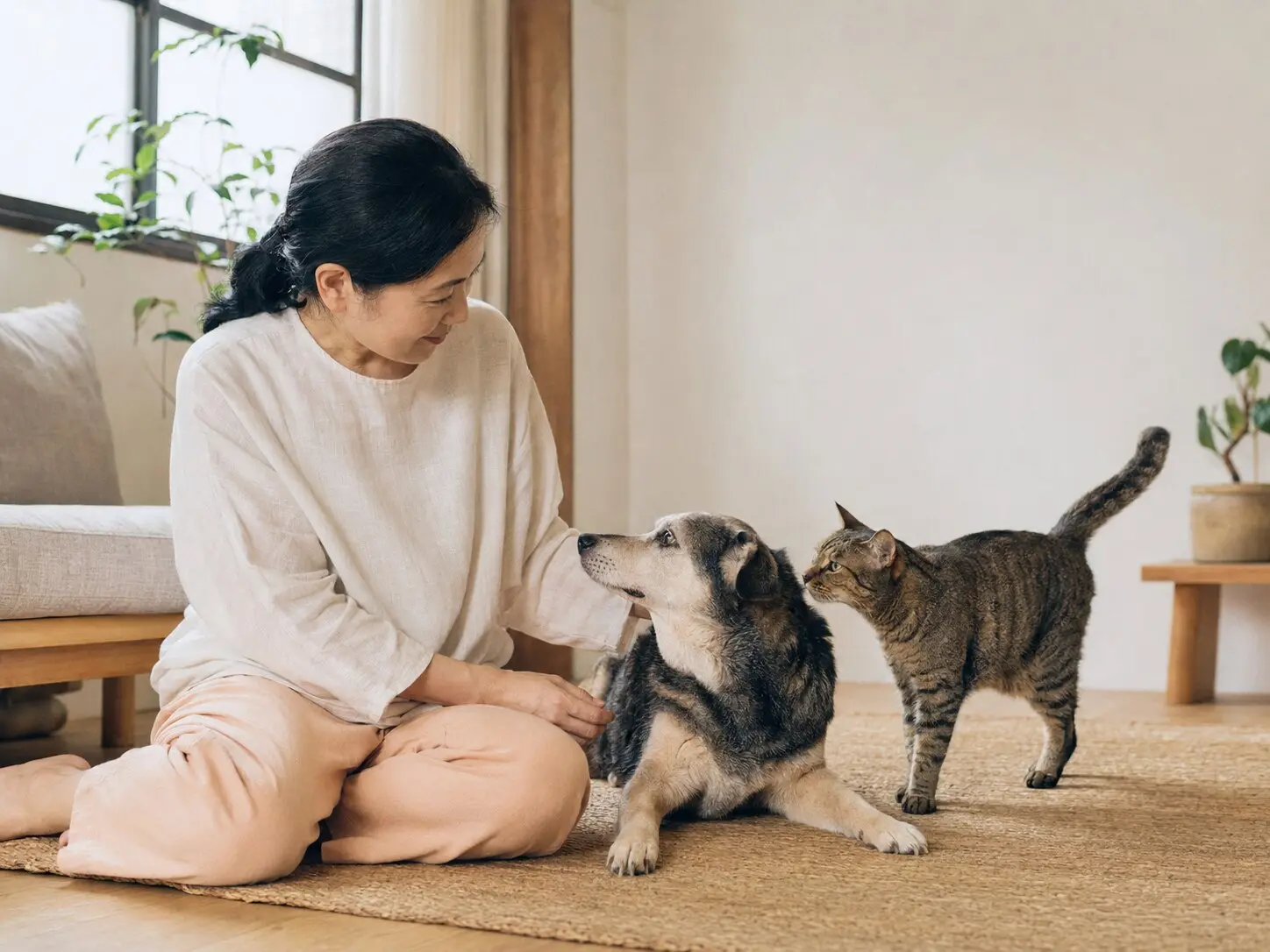 毛孩家長在溫暖家中陪伴狗狗與貓咪