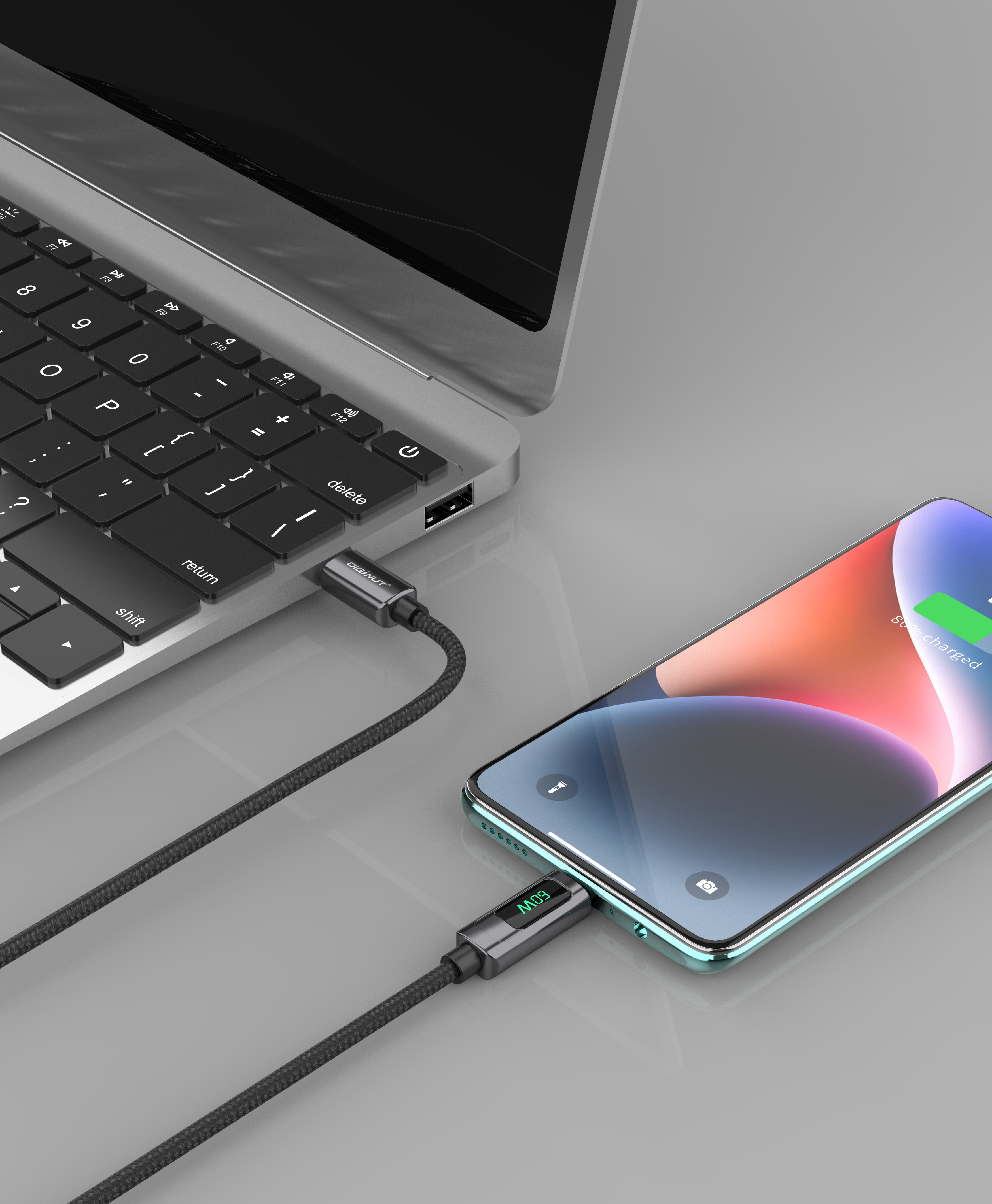 Diginut BC-1220C Zinc Alloy Digital Display Type-C To Type-C Cable 1.2M 60W Black/ Data Transfer/ Fast Charging