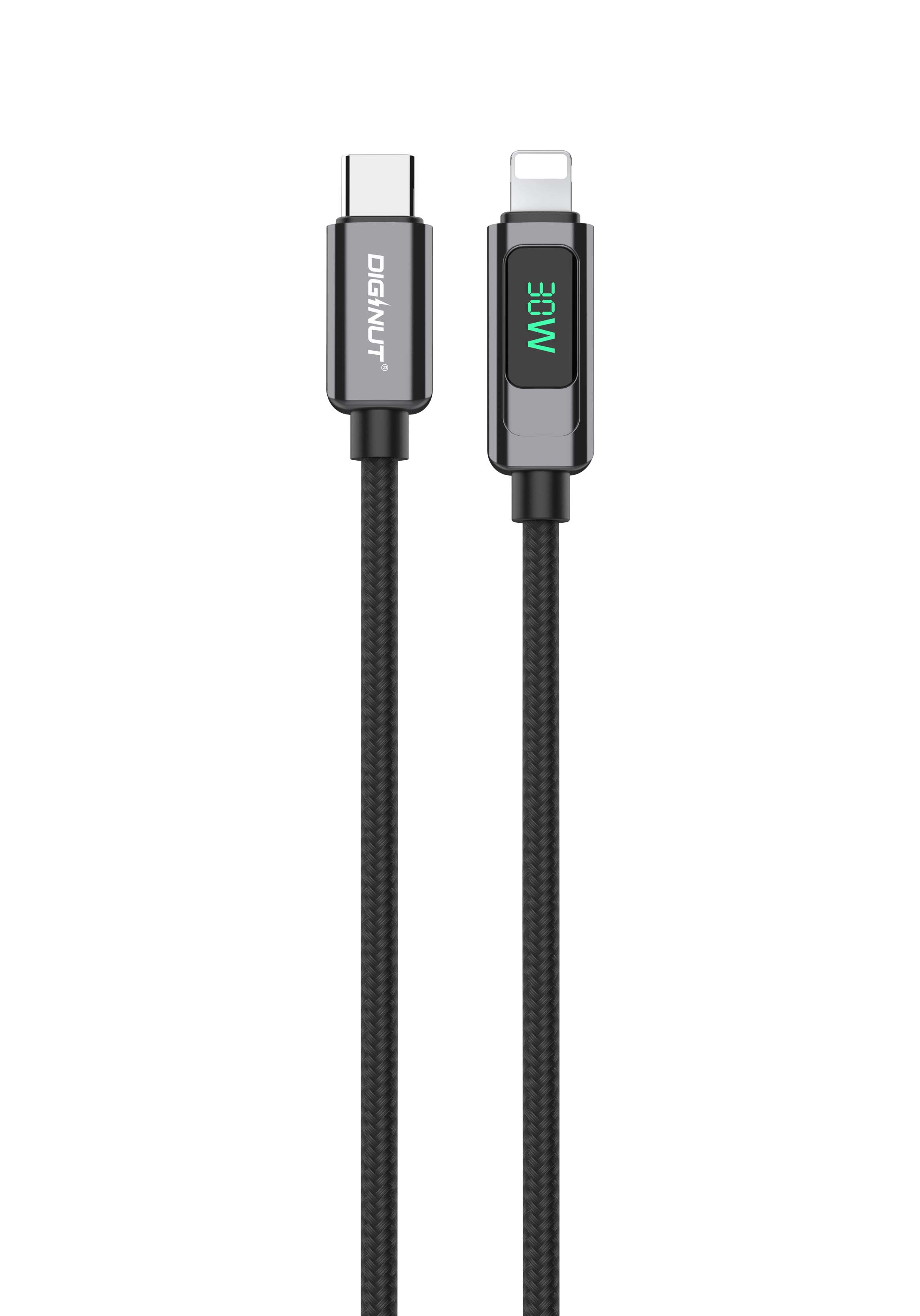 Diginut BC-1220L Zinc Alloy Digital Display Type-C To Lightning Cable 1.2M 30W Black/ Fast Charging/ Data Transfer