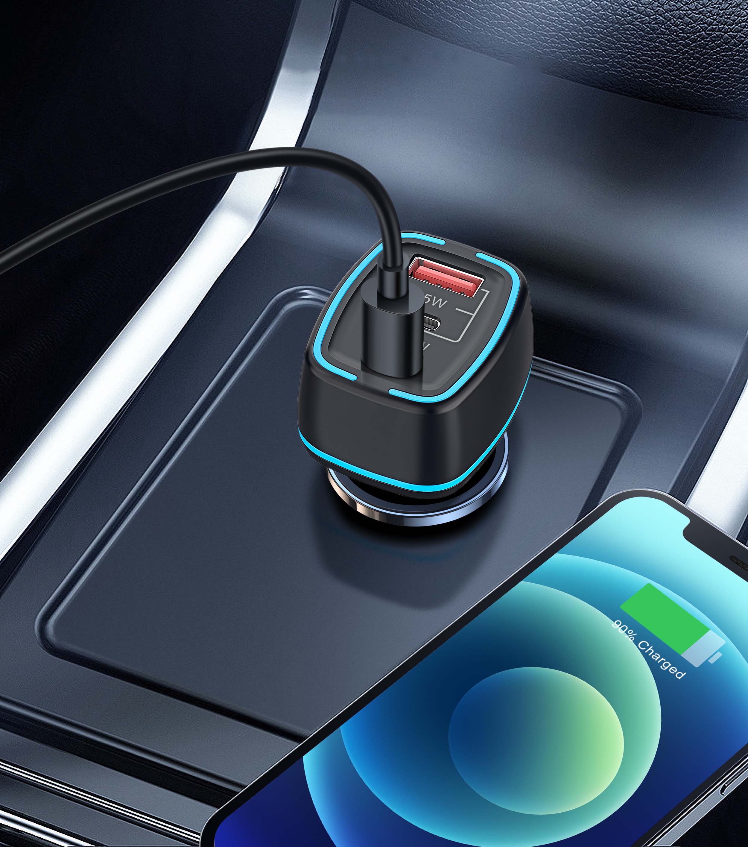 Diginut CP-20 3Ports PD Car Charger (Total 65W) Black/ PD 20W+ 45W Fast Charging/ LED Ambient Light