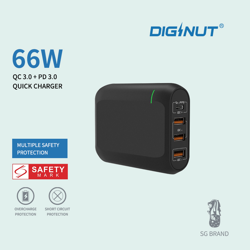 DIGINUT 66W 4-Port USB Charger/ Charging Port Station/ Power Delivery/ Quick Charge 3.0/ Fast Charging