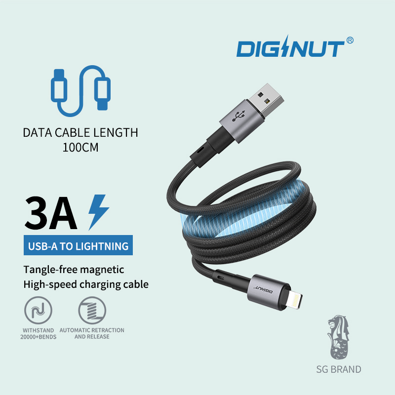Diginut BA-1021C USB To Type-C Magnetic Data Cable 6A 1M Grey/BA-1021L USB To Lightning Magnetic Data Cable 3A 1M Grey