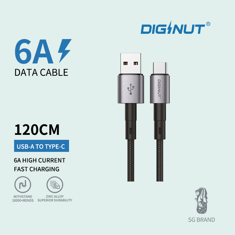 Diginut BA-1221L USB To Lightning Data Cable 3A/BA-1221C USB To Type-C Data Cable 6A 1.2M Black 1.2M Black/ Support Data Transfer/ Provide 3A Fast Charging