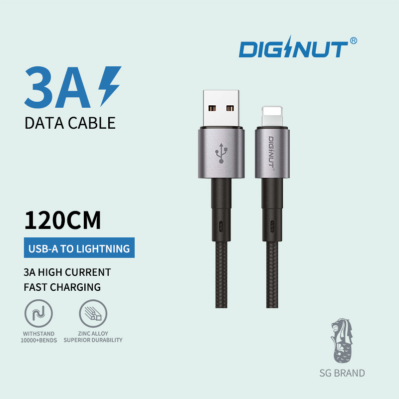 Diginut BA-1221L USB To Lightning Data Cable 3A/BA-1221C USB To Type-C Data Cable 6A 1.2M Black 1.2M Black/ Support Data Transfer/ Provide 3A Fast Charging
