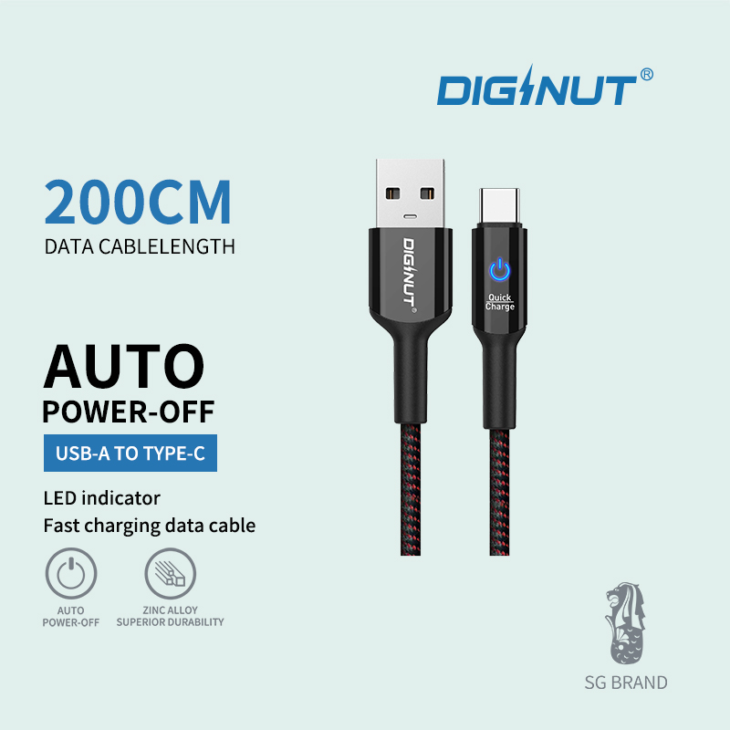 Diginut BA-2011C Intelligent Auto Power Off USB To Type-C Cable 2M 3A Black/BA-2011L Intelligent Auto Power Off USB To Lightning Cable 1.2M 2.4A Black