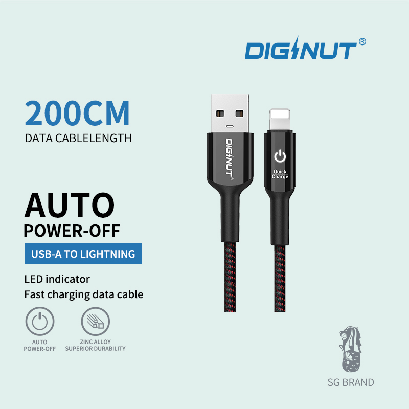 Diginut BA-2011C Intelligent Auto Power Off USB To Type-C Cable 2M 3A Black/BA-2011L Intelligent Auto Power Off USB To Lightning Cable 1.2M 2.4A Black