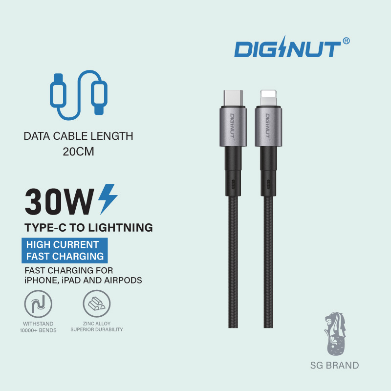 Diginut BC-0221L Type-C To Lightning Data Cable 30W 20cm Black