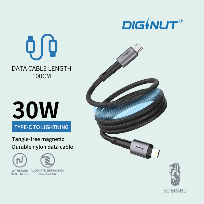 Diginut BC-1021C Type-C To Type-C Magnetic Data Cable 60W 1M Grey/BC-1021L Type-C To Lightning Magnetic Data Cable 30W 1M Grey