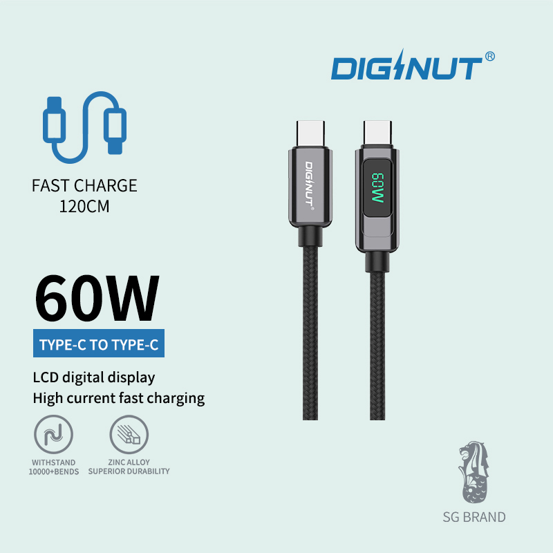 Diginut BC-1220C Zinc Alloy Digital Display Type-C To Type-C Cable 1.2M 60W Black/ Data Transfer/ Fast Charging