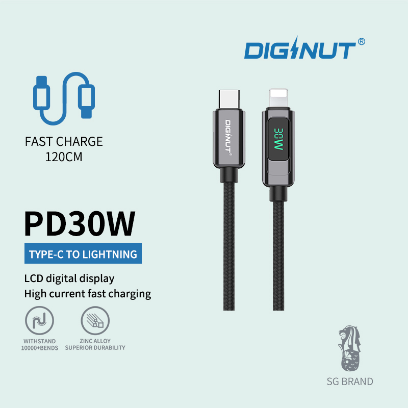 Diginut BC-1220L Zinc Alloy Digital Display Type-C To Lightning Cable 1.2M 30W Black/ Fast Charging/ Data Transfer