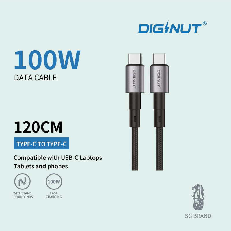 Diginut BC-1221C Type-C To Type-C Data Cable 100W 1.2M Black/ 100W Fast Charging/ Support Data Transfer