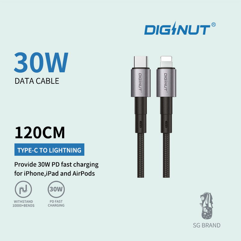 Diginut BC-1221L Type-C To Lightning Data Cable 30W 1.2M Black/ Support Data Transfer/ PD 30W Fast Charging