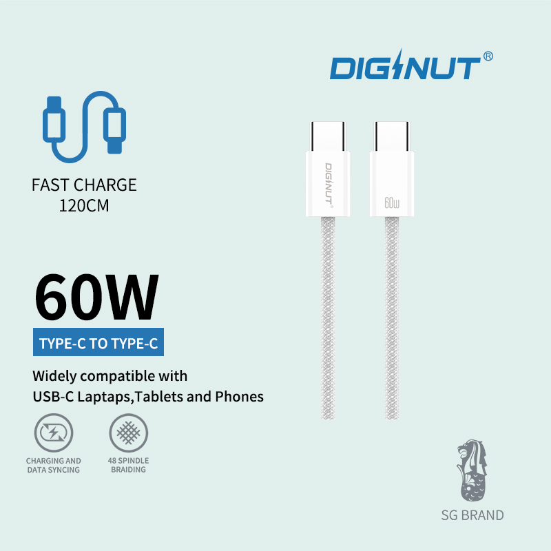 Diginut BC-1222L Type-C To Lightning Data Cable 30W 1.2M/BC-1222C Type-C To Type-C Data Cable 60W 1.2M White/ 48 Spindle Braiding