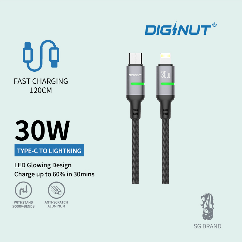 Diginut BC-1225L Type-C To Lightning/BC-1225C Type-C To Type-C/ LED Glowing Data Cable 30W 1.2M Grey