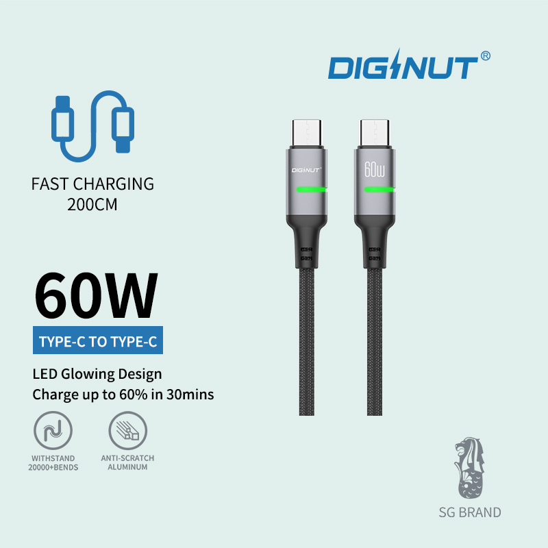 Diginut BC-2025L Type-C To Lightning/ BC-2025C Type-C To Type-C/ LED Glowing Data Cable 30W 2M Grey