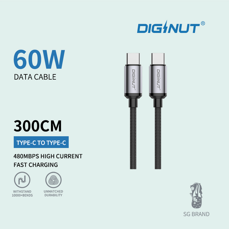 Diginut BC-3010C Type-C To Type-C Data Cable 60W 3M Black/ 60W Fast Charging/ Support Data Transfer
