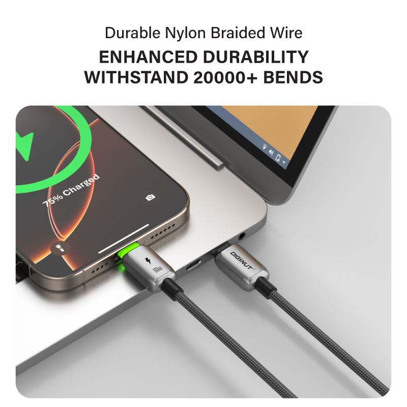 Diginut BC-1237C/BC-2037C/BC-3037C Type-C To Type-C Zinc Alloy Data Cable 60W 1.2M Grey