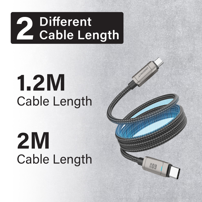 Diginut BC-1250C/BC-2050C Type-C To Type-C Zinc Alloy Magnetic Data Cable 60W1.2M/2M Grey