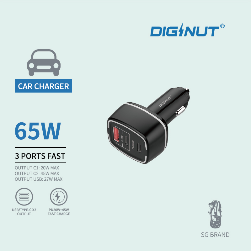Diginut CP-20 3Ports PD Car Charger (Total 65W) Black/ PD 20W+ 45W Fast Charging/ LED Ambient Light