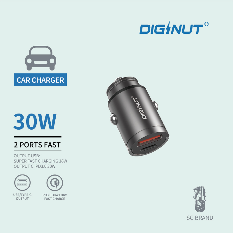 Diginut CP-21 PD30W+25W Car Charger/  PD3.0 30W+ 18W/ 1 Type-C + 1 USB-A Multi Ports
