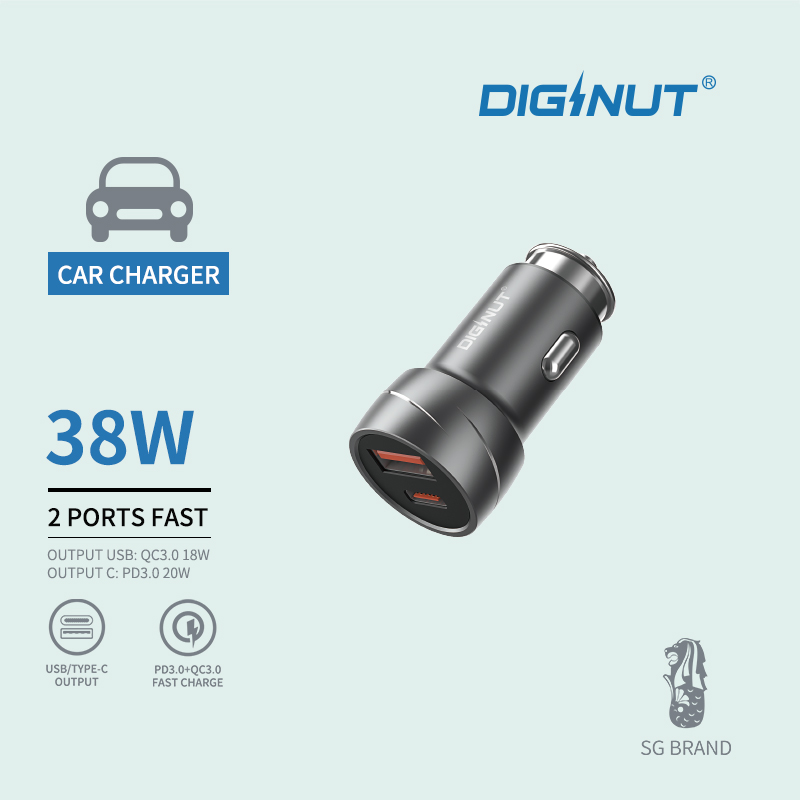 Diginut CP-22 QC3.0 18W+PD20W Car Charger (Total 38W)/ Zinc Alloy Material