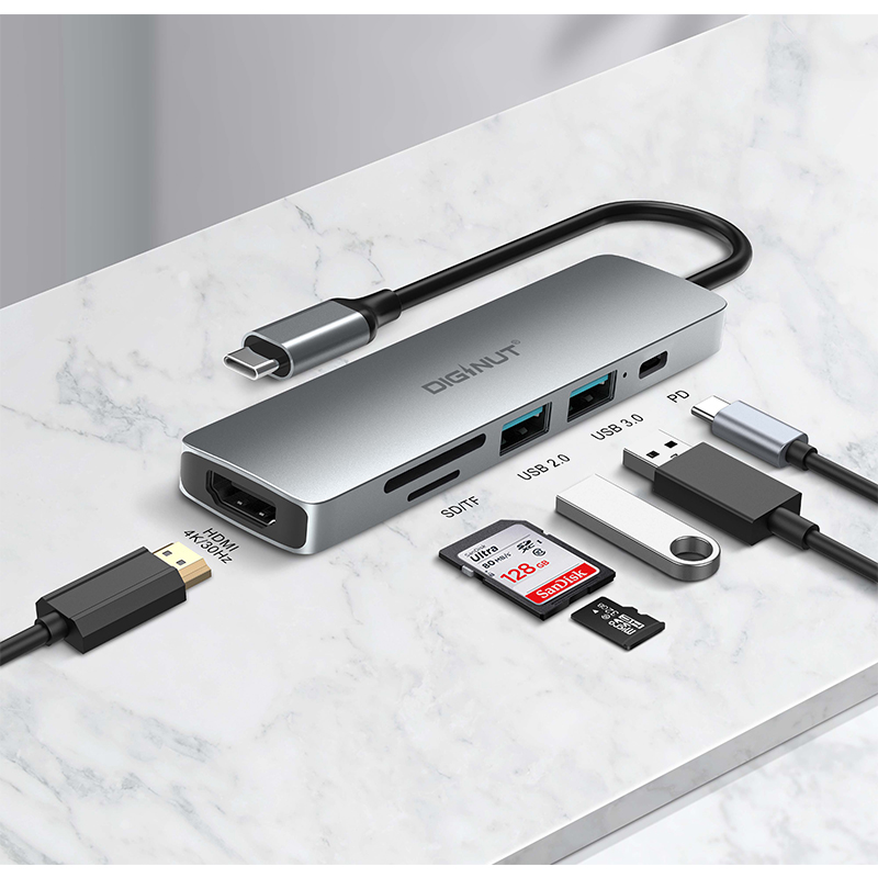 Diginut DA-20 6IN1 Type-C Hub+Card Reader+HDMI 4K Resolution/ HDMI 1.4*1+PD*1+ USB*3/ Wide Compatibility