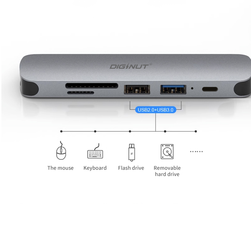 Diginut DA-20 6IN1 Type-C Hub+Card Reader+HDMI 4K Resolution/ HDMI 1.4*1+PD*1+ USB*3/ Wide Compatibility