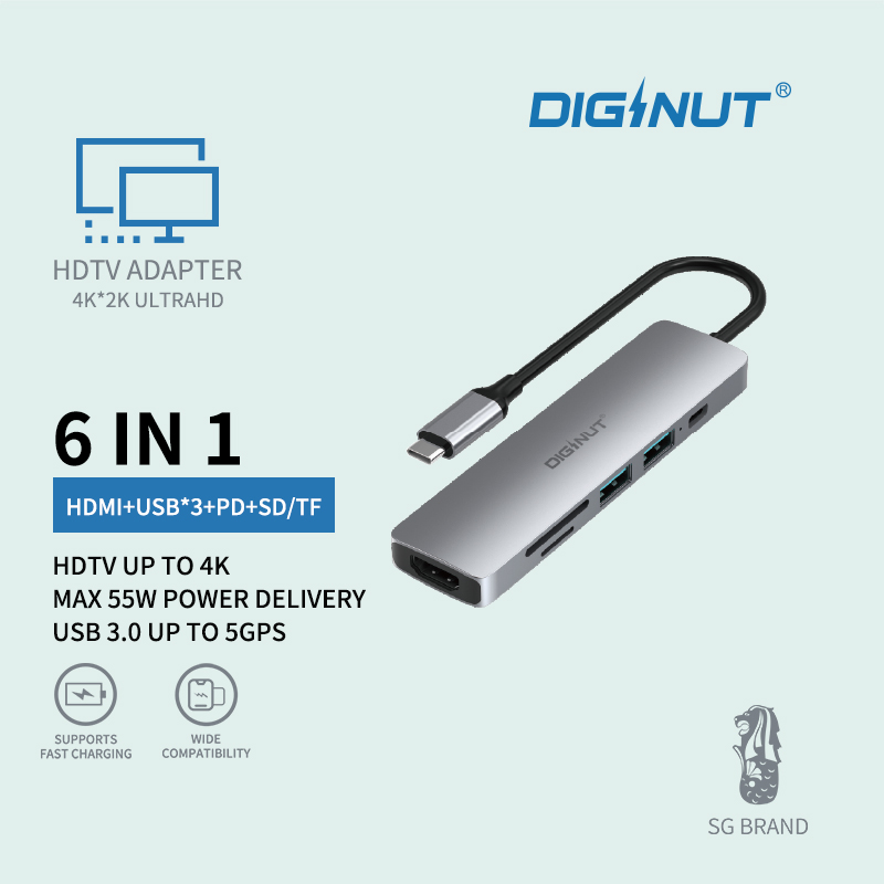 Diginut DA-20 6IN1 Type-C Hub+Card Reader+HDMI 4K Resolution/ HDMI 1.4*1+PD*1+ USB*3/ Wide Compatibility