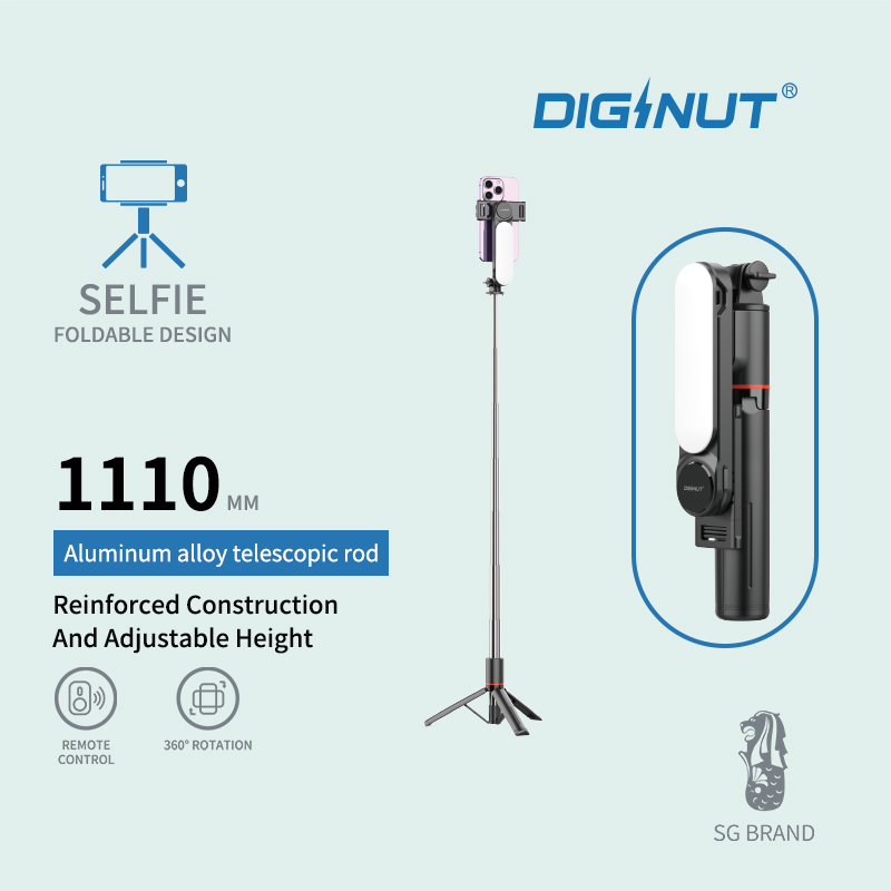 Diginut DT-08 Beauty Light Aluminum Alloy Telescopic Selfie Stick with Adjustable Height Detachable Fill Light