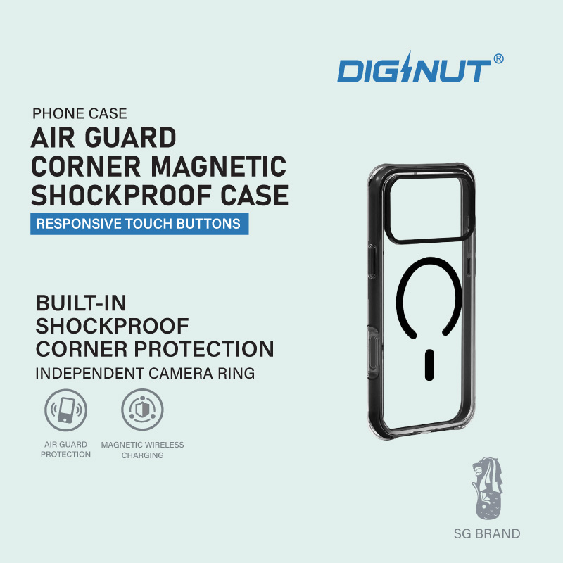 Diginut iP17 Pro Max Magnetic Rotating Stand/ Hybrid / Skin Feel /Shockproof/Transparent Case Black/Clear