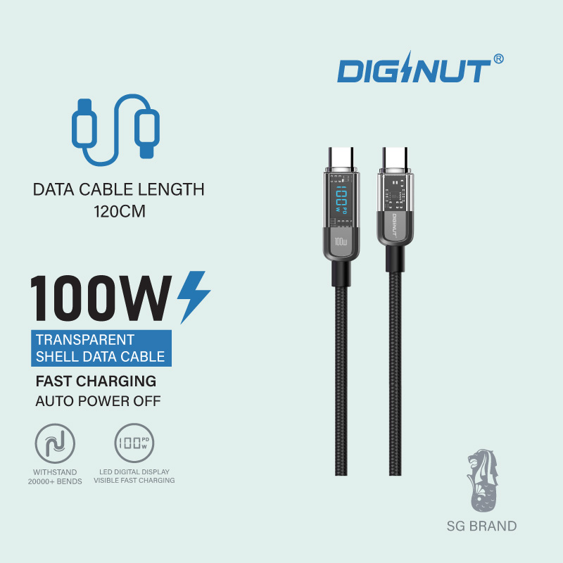 Diginut BC-1230L Type-c To L 30W / BC-1230C Type-C To Type-C 100W 1.2M Black Intelligent Auto Power Off cable