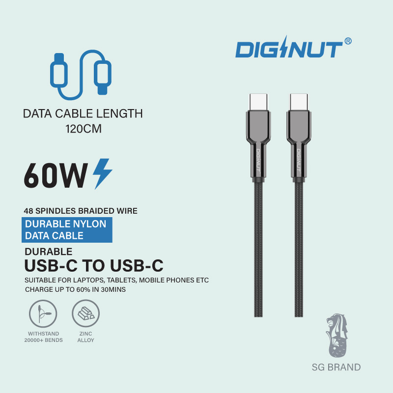 Diginut BA-1239C USB-A To Type-C/BC-1239C Type-C To Type-C Zinc Alloy Data Cable 3A 1.2M Grey