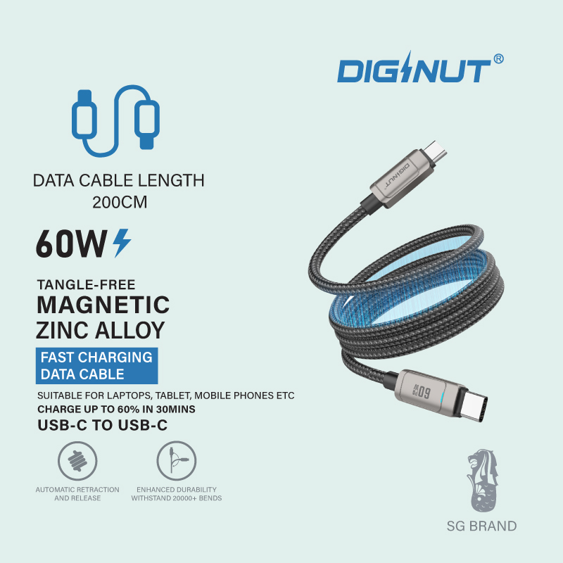 Diginut BC-1250C/BC-2050C Type-C To Type-C Zinc Alloy Magnetic Data Cable 60W1.2M/2M Grey