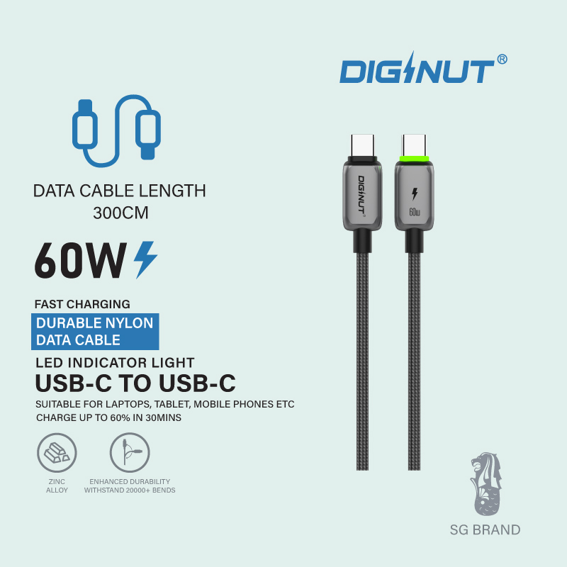 Diginut BC-1237C/BC-2037C/BC-3037C Type-C To Type-C Zinc Alloy Data Cable 60W 1.2M Grey