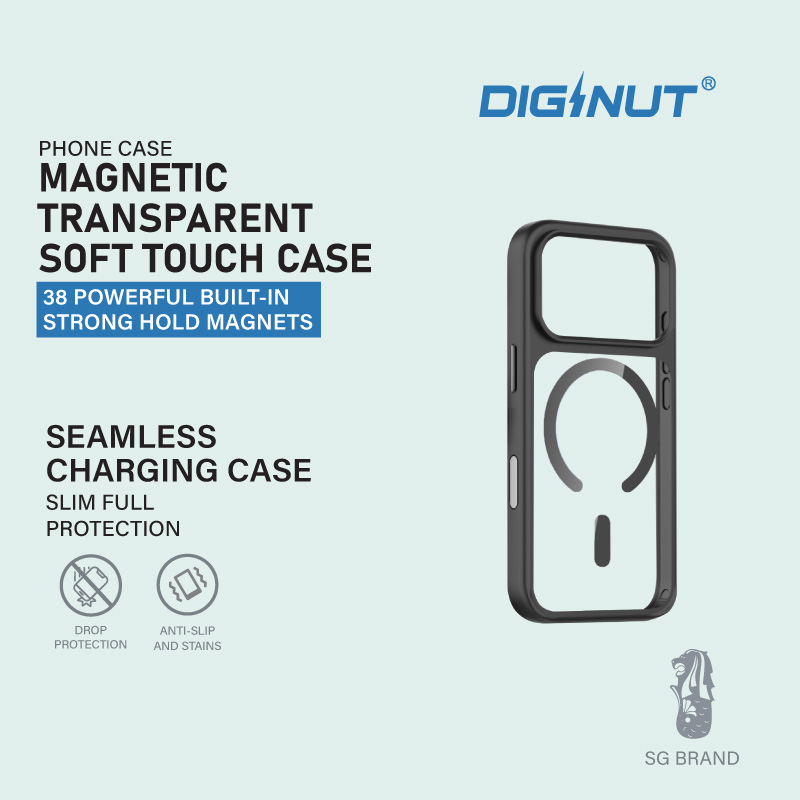 Diginut iP17 Pro Max Magnetic Rotating Stand/ Hybrid / Skin Feel /Shockproof/Transparent Case Black/Clear