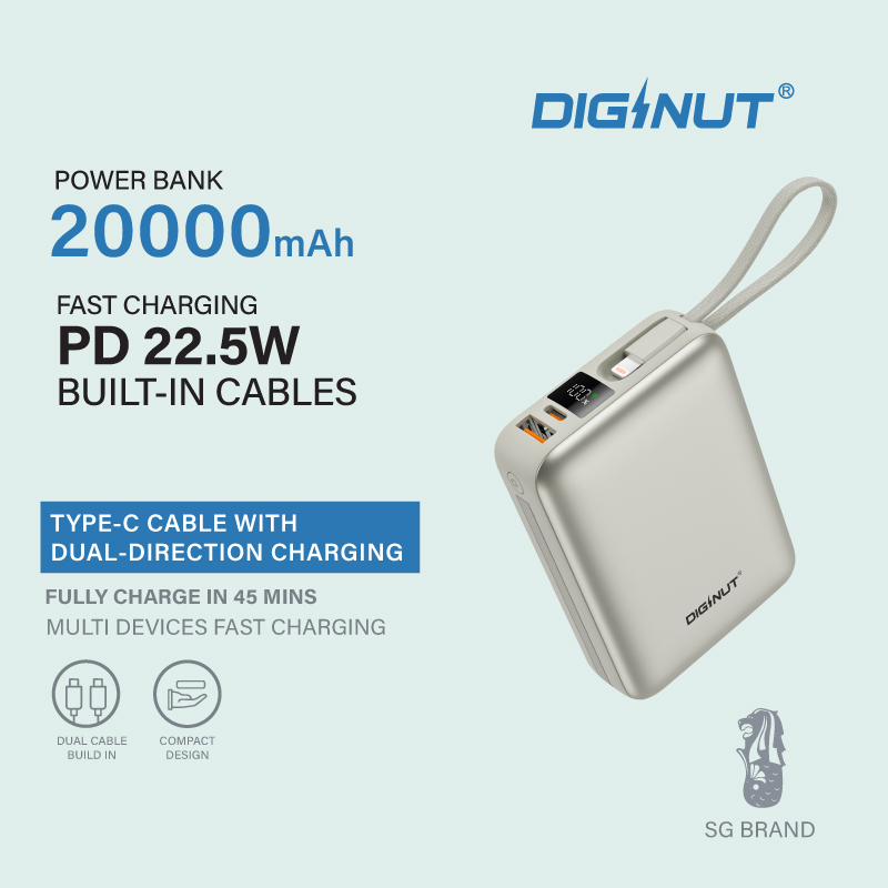 Diginut P-52 Nano Plus 20000mAh PD20W+22.5W Mini Powerbank With Wire Grey Titanium