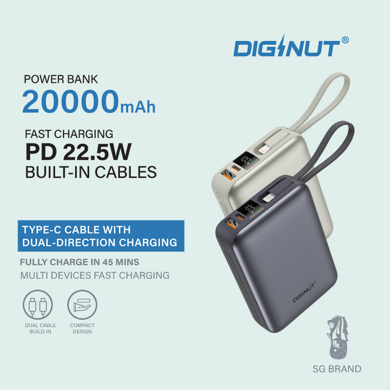 Diginut P-52 Nano Plus 20000mAh PD20W+22.5W Mini Powerbank With Wire Grey Titanium