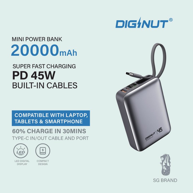 Diginut P-55 PD35W 20000mAh Power Bank With Built-in Cable Titanium Grey