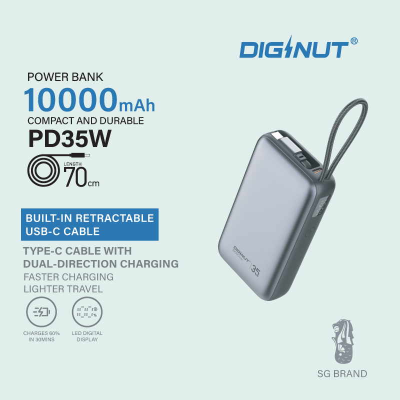 Diginut P-59 Nano 10000mAh 35WRetractable Cable Power Bank Grey