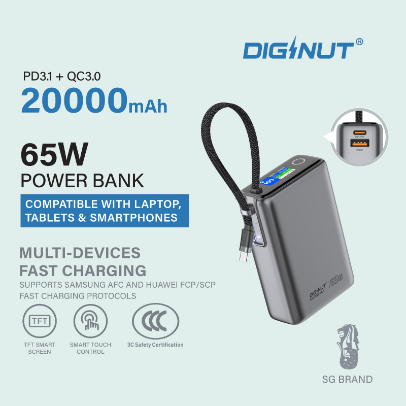 Diginut P-57 20000mAh 65W TFT Display Power Bank Titanium Gray