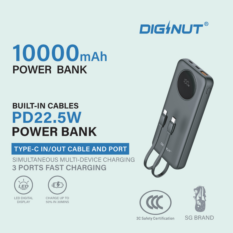 Diginut PX-11 10000mAh PD 20WPower Bank with Cables White