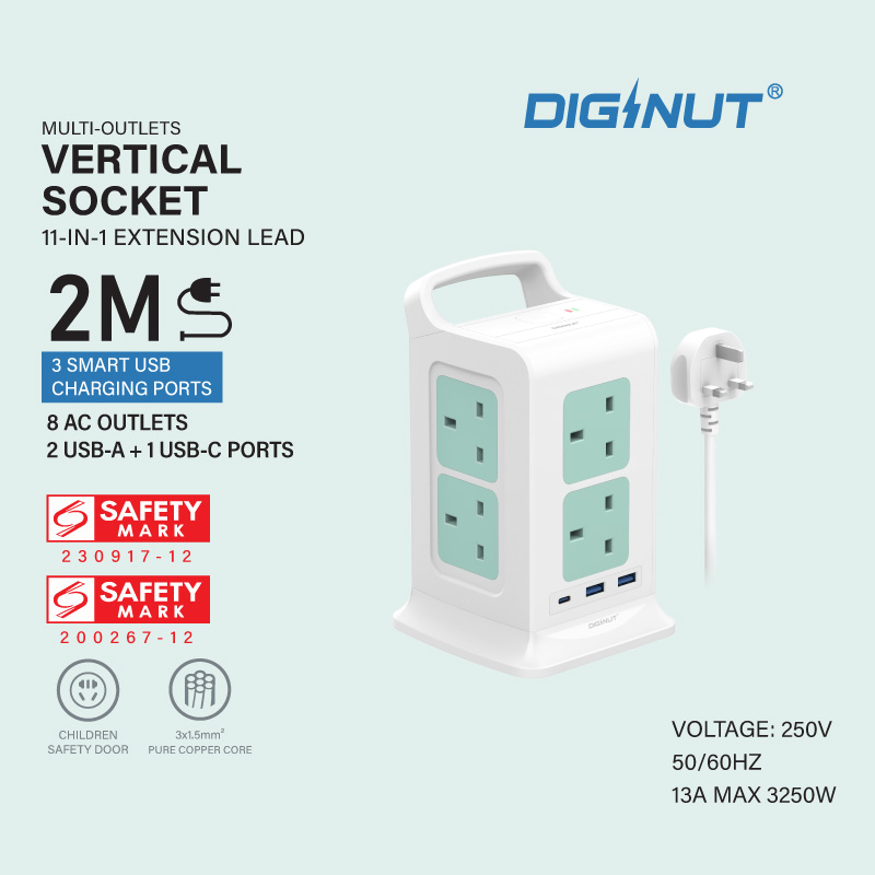 Diginut TP-VK3U8K Pro 11IN1/TP-VK3U12K Pro 15IN1/TP-VF4U12K Pro 16IN1 Virtical Power Socket