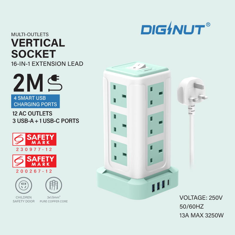Diginut TP-VK3U8K Pro 11IN1/TP-VK3U12K Pro 15IN1/TP-VF4U12K Pro 16IN1 Virtical Power Socket