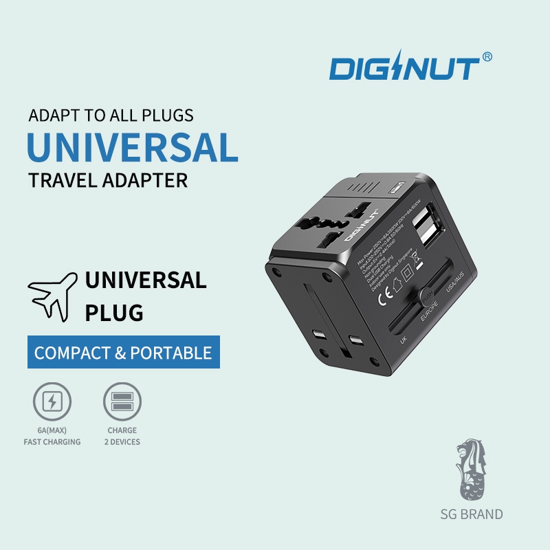 Diginut TR-05 2 USB-A 2.4A Travel Adapter Black/ Supports More Than 200 Countries