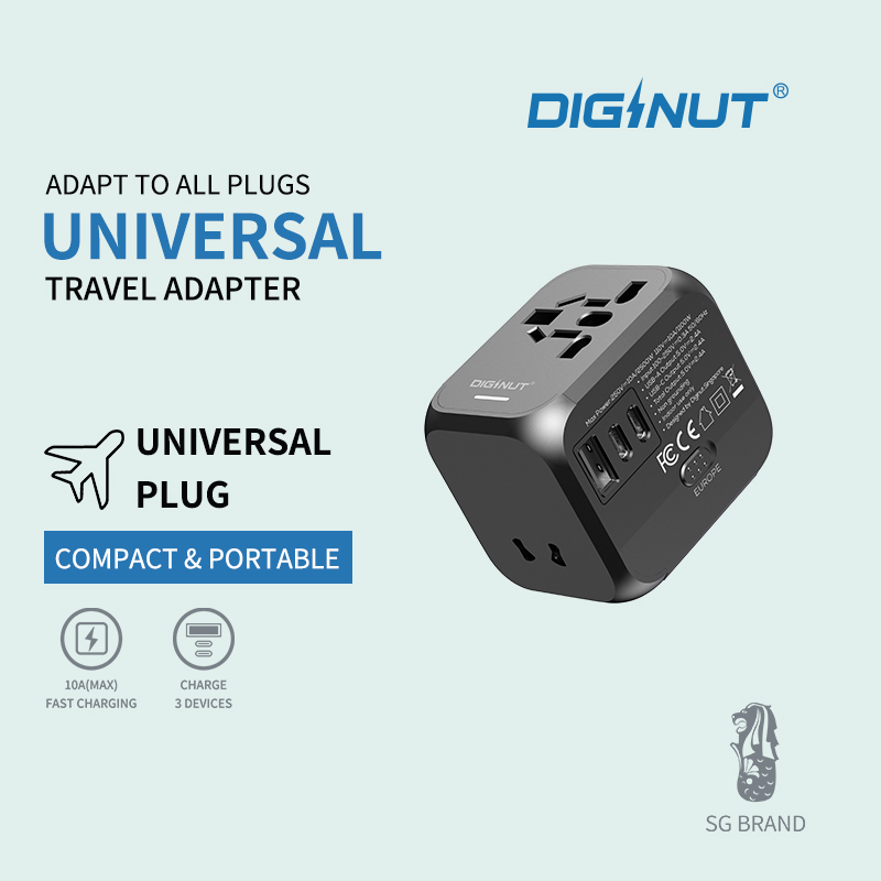 Diginut TR-06 2 USB-C + 1 USB-A 10A (MAX) Travel Adapter Black/ Supports More Than 200 Countries