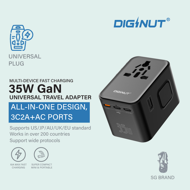 Diginut TR-08 GaN 35W 2USB-A+3USB-C Travel Plug Black