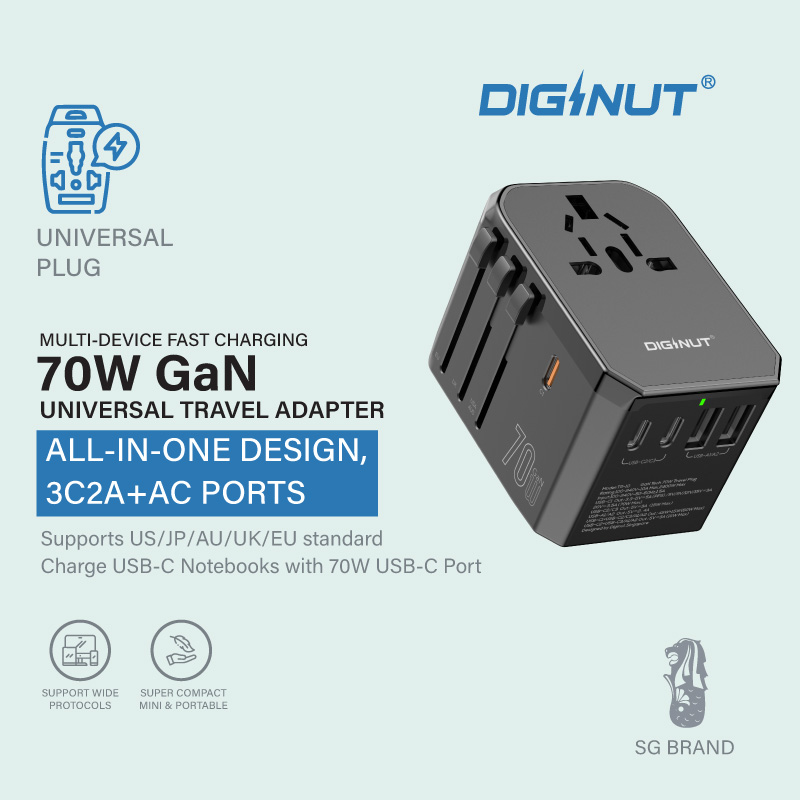 Diginut TR-10 GaN Tech 70W 2USB-A+3USB-C Travel Plug Black