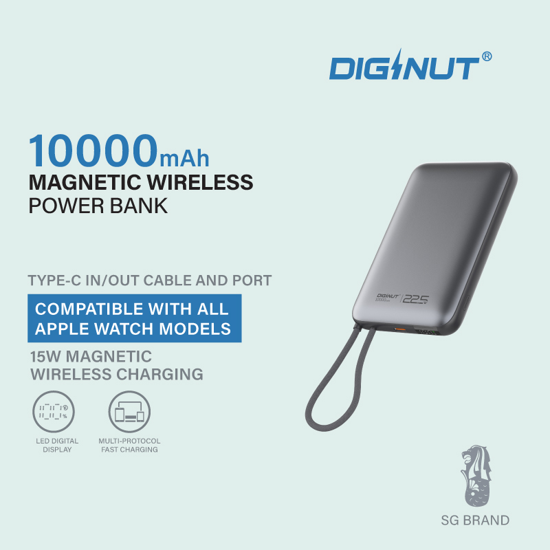 Diginut W-50 Pro 10000mAh Magnetic Wireless Power Bank With Built-in Cable Titanium Grey